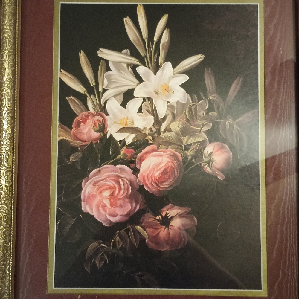 White lilies and Roses by J.L.J. Gold Framed for sale